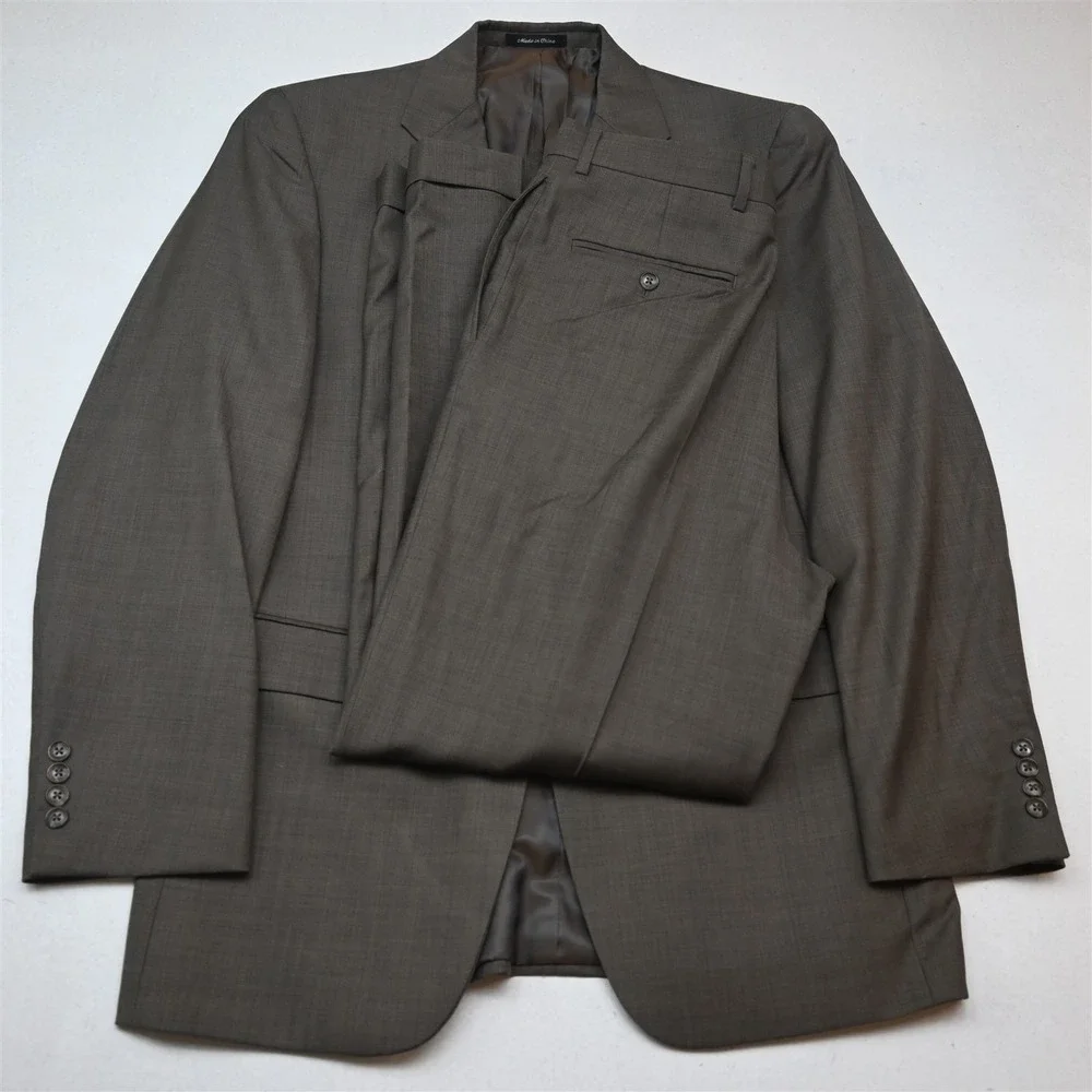 Vty Y2K 2000s Boxy 38R 32x30 Brown Sharkskin 100% Wool Mens Jacket Pants Suit